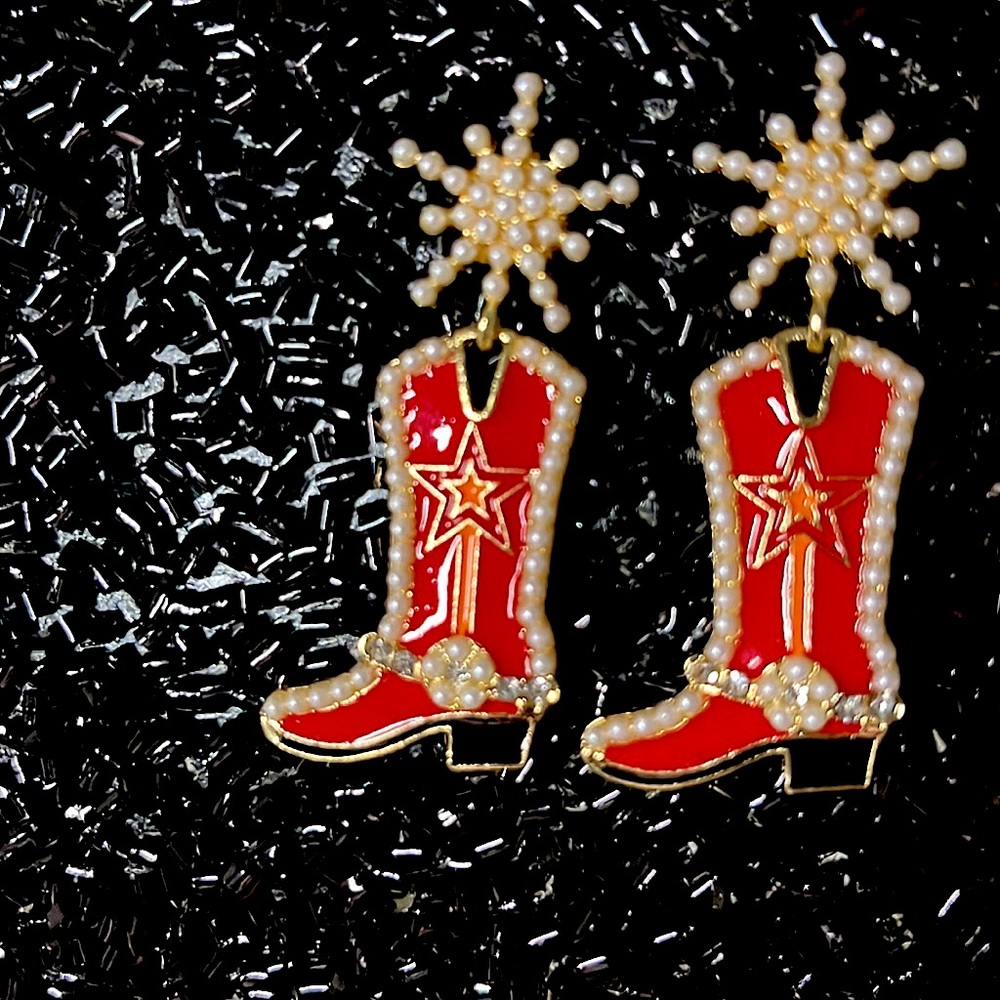 Red & Orange Dangle Cowgirl Earrings.Trimmed in Faux Rhinestones & Pearls